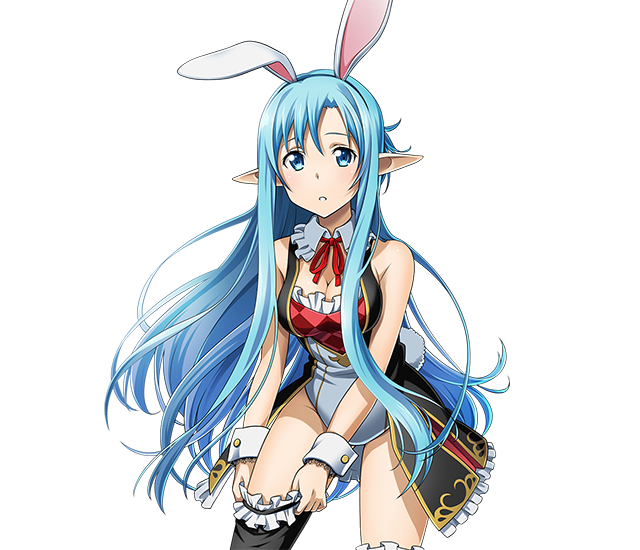 1girl adjusting_clothes adjusting_legwear animal_ears asuna_(sao-alo) blue_eyes blue_hair breasts choker cleavage cowboy_shot fake_animal_ears floating_hair garters hairband leotard looking_at_viewer medium_breasts neck_ribbon parted_lips pointy_ears rabbit_ears red_ribbon ribbon solo standing sword_art_online thigh-highs transparent_background violet_eyes white_leotard wrist_cuffs