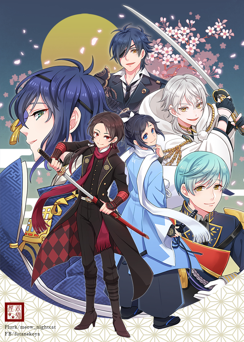 6+boys aqua_hair black_gloves black_hair blue_eyes blue_hair boots brown_hair cherry_blossoms earrings eyepatch full_moon gloves hakama haori high_heel_boots high_heels highres hood ichigo_hitofuri japanese_clothes jewelry kashuu_kiyomitsu katana looking_back male_focus mikazuki_munechika mole mole_under_mouth moon multiple_boys necktie nightcat open_mouth partly_fingerless_gloves petals ponytail red_eyes sandals sayagata scarf sheath shinsengumi shokudaikiri_mitsutada smile sword tabi touken_ranbu tsurumaru_kuninaga unsheathing weapon white_gloves white_hair yamato-no-kami_yasusada yellow_eyes