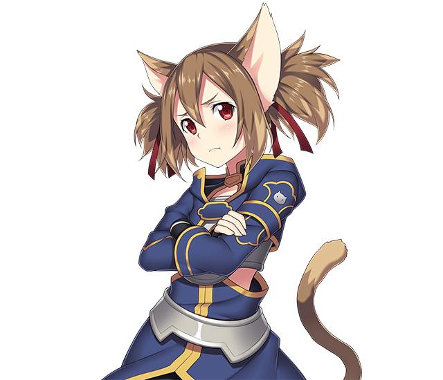 1girl :t animal_ears brown_hair cat_ears cat_tail crossed_arms hair_ornament hair_ribbon long_hair looking_at_viewer red_eyes red_ribbon ribbon short_twintails silica_(sao-alo) solo standing sword_art_online tail transparent_background twintails upper_body