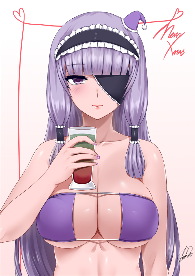 1girl arm_at_side bangs bikini blunt_bangs breasts cleavage cleavage_cutout closed_mouth collarbone cup darkmaya dream_c_club dream_c_club_(series) drink drinking_glass eyepatch frilled_hairband gradient gradient_background hair_tubes hairband hat holding holding_drinking_glass lips lolita_hairband long_hair looking_at_viewer merry_christmas mini_hat nail_polish one_eye_covered pink_background purple_bikini purple_hat purple_nails santa_hat shiny shiny_skin sidelocks signature smile solo straight_hair strapless strapless_bikini swimsuit tsurime upper_body violet_eyes