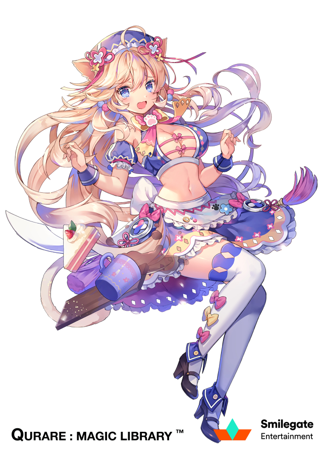 1girl ahoge animal_ears blonde_hair blue_eyes blush breasts cake cat_ears cleavage coffee coffee_cup cup eyebrows_visible_through_hair food high_heels large_breasts long_hair looking_at_viewer navel official_art open_mouth purple_skirt qurare_magic_library skirt solo thigh-highs wavy_mouth white_legwear yeonwa