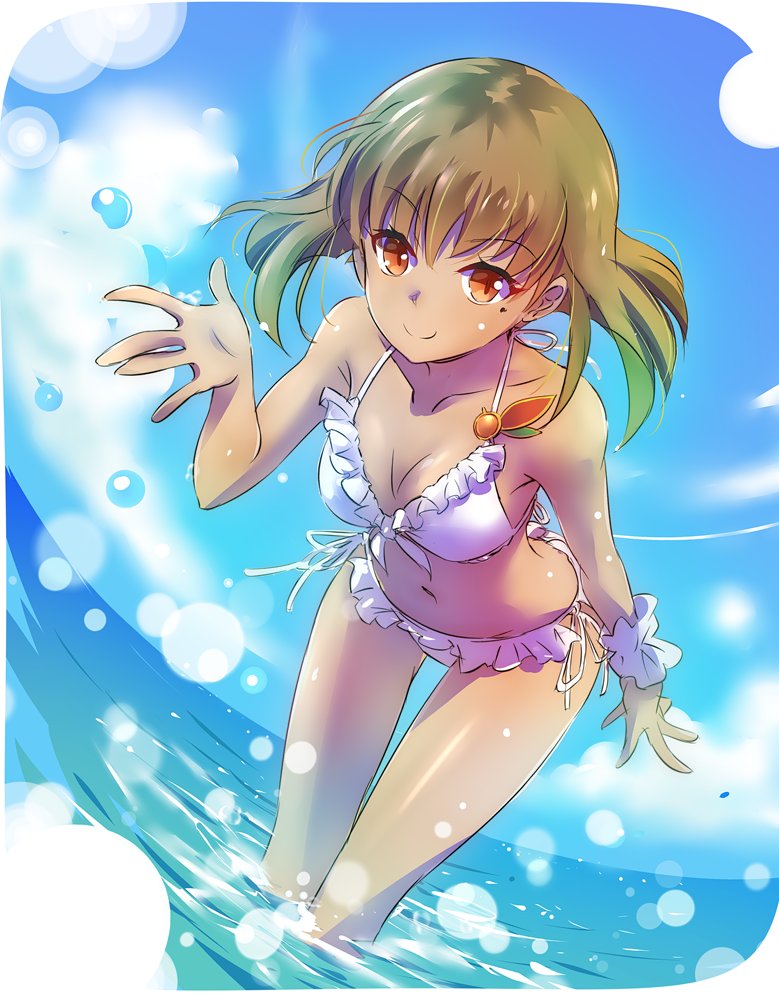 1girl amber_(rwby) bent_over bikini blue_skirt breasts brown_hair cleavage collarbone dark_skin day dutch_angle eyebrows_visible_through_hair fisheye frill_trim frilled_bikini frills halterneck iesupa medium_breasts medium_hair mole mole_under_eye navel orange_eyes outdoors outstretched_hand rwby side-tie_bikini skirt smile solo swimsuit wading white_bikini wrist_cuffs