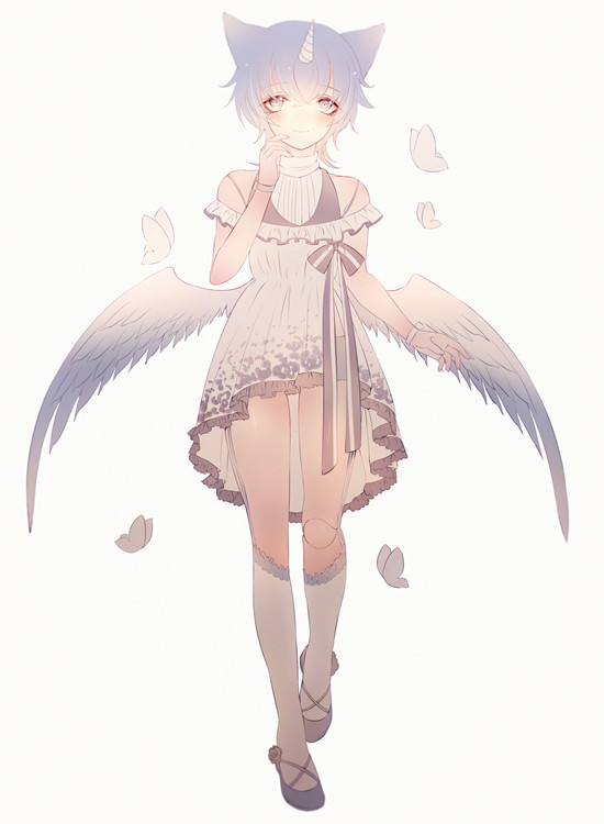 1boy animal_ears asymmetrical_clothes bananaxcs7 bare_shoulders blue_hair bracelet butterfly doll_joints frills full_body garters horn jewelry original puffy_sleeves simple_background single_thighhigh skirt staff thigh-highs white_background wings