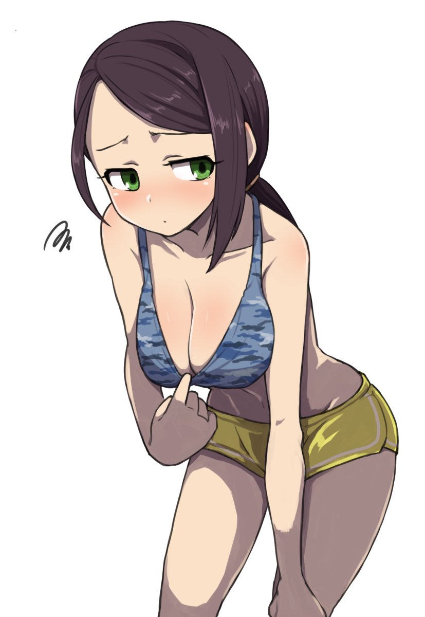1girl bare_shoulders black_hair blush breasts camouflage_shirt cleavage gazacy_(dai) green_eyes hand_on_own_knee highres idolmaster idolmaster_cinderella_girls large_breasts leaning_forward long_hair looking_away midriff navel ponytail short_shorts shorts solo sports_bra sportswear standing white_background wide_hips yamato_aki