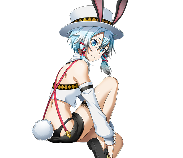 1girl animal_ears black_panties black_shorts blue_eyes blue_hair bunny_tail detached_sleeves fake_animal_ears hair_between_eyes hair_ribbon hat looking_at_viewer panties rabbit_ears red_ribbon ribbon shinon_(sao-alo) short_hair_with_long_locks short_shorts shorts sidelocks smile solo sword_art_online tail transparent_background underwear white_hat