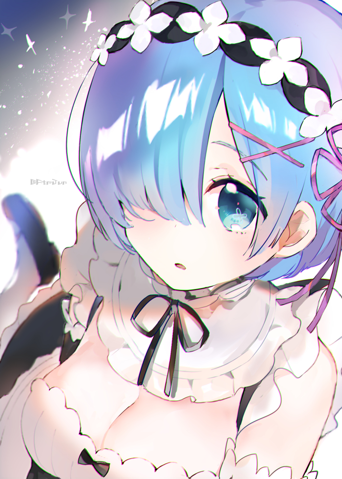 blue_eyes blue_hair blush dress headdress re:zero_kara_hajimeru_isekai_seikatsu rem_(re:zero) short_hair