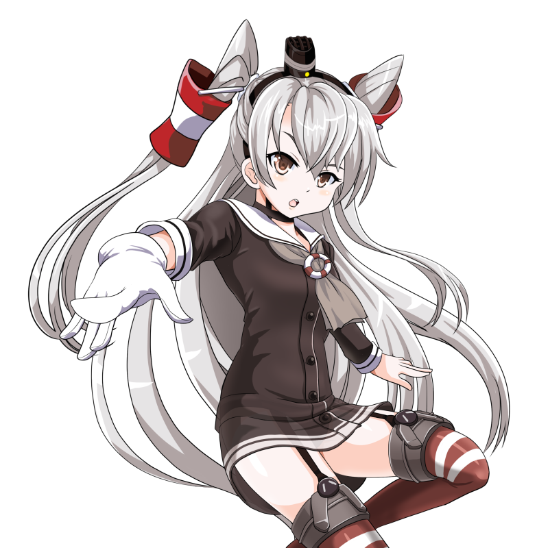 1girl amatsukaze_(kantai_collection) brown_eyes choker commentary_request dress garter_straps gloves hair_tubes hairband kantai_collection long_hair looking_at_viewer open_mouth sailor_dress school_uniform serafuku silver_hair simple_background single_glove solo tk8d32 two_side_up white_background