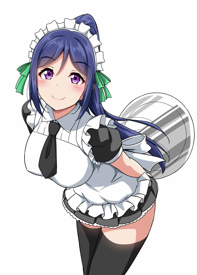 1girl apron behind_back black_legwear black_necktie blue_hair eyebrows_visible_through_hair frilled_apron frills green_ribbon hair_ribbon holding holding_tray leaning_forward long_ponytail looking_at_viewer love_live! love_live!_sunshine!! maid maid_headdress matsuura_kanan necktie ribbon short_sleeves sidelocks simple_background smile solo thigh-highs tray violet_eyes white_background yopparai_oni