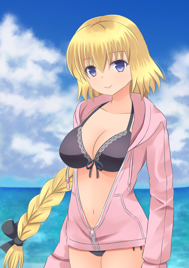 bikini blonde_hair blue_eyes blush braids fate/grand_order jacket jeanne_of_arc long_hair smile