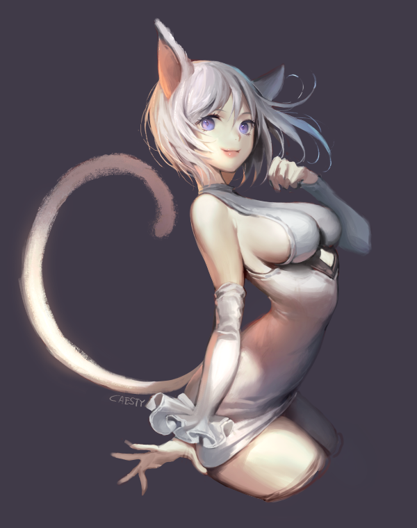 1girl animal_ears arm_at_side artist_name bangs bare_shoulders breasts caesty cat_ears cat_girl cat_tail cowboy_shot detached_sleeves dress eyelashes frilled_sleeves frills grey_dress hair_between_eyes hand_up legs_together looking_at_viewer medium_breasts microdress original paw_pose pink_lips purple_background short_hair sideboob silver_hair simple_background sleeveless sleeveless_dress smile solo tail violet_eyes