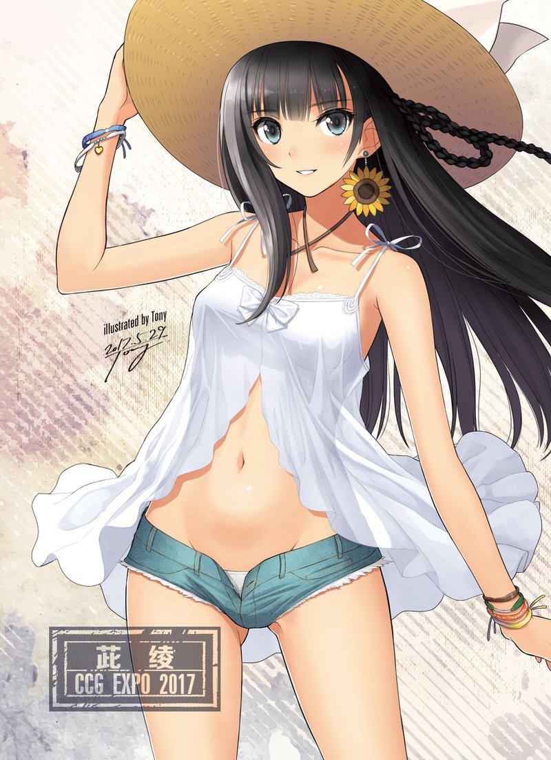 1girl bangs bare_shoulders black_hair bow bowtie bracelet braid breasts collarbone commentary_request earrings eyebrows_visible_through_hair hat jewelry long_hair looking_at_viewer medium_breasts midriff navel original panties short_shorts shorts signature simple_background sleeveless smile solo straw_hat tanaka_takayuki underwear