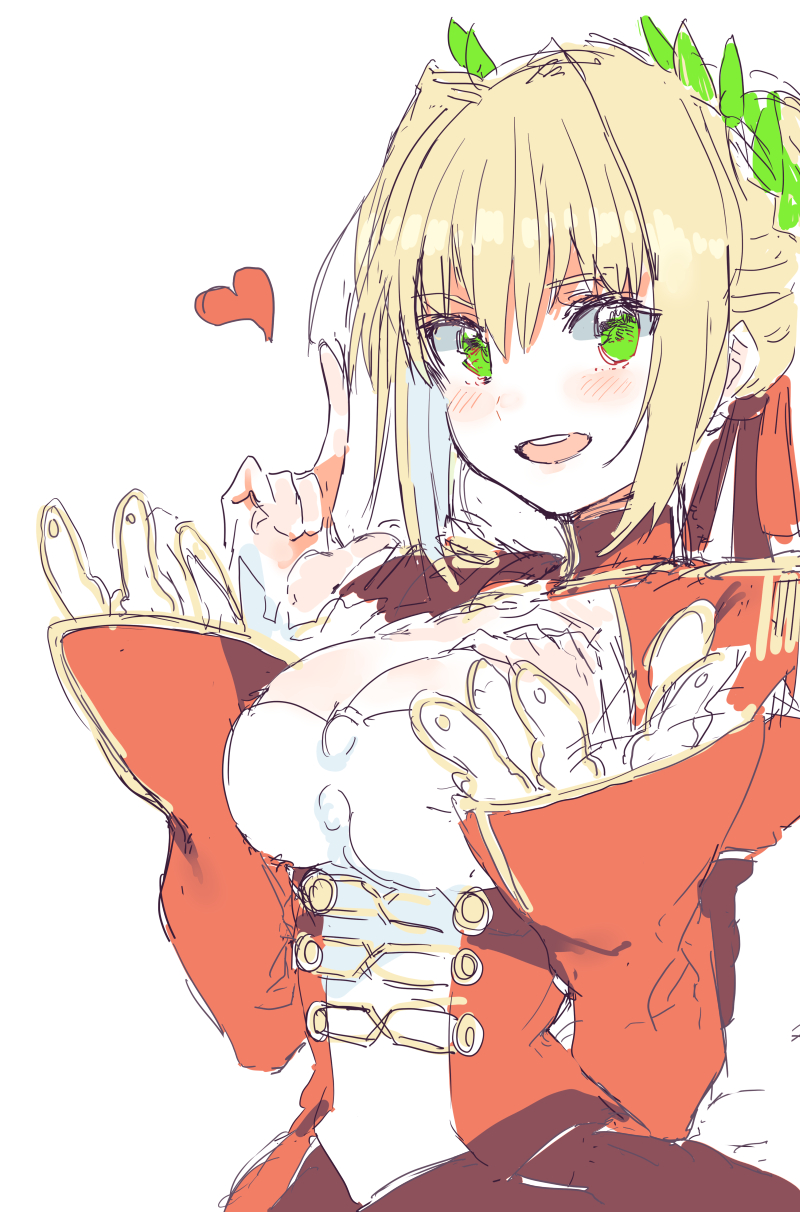 1girl bangs blonde_hair breasts dress epaulettes eyebrows_visible_through_hair fate/extra fate_(series) green_eyes hair_intakes heart highres index_finger_raised large_breasts nesume red_dress saber_extra sidelocks simple_background sketch solo upper_body white_background