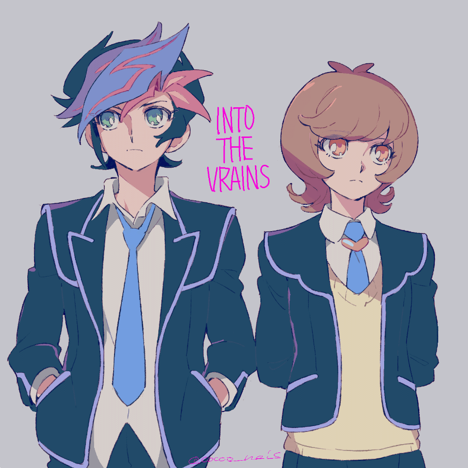 1boy 1girl arms_behind_back blazer brown_hair cocconeis english fujiki_yuusaku green_eyes grey_background hands_in_pockets jacket looking_away multicolored_hair orange_eyes school_uniform simple_background spiky_hair twitter_username upper_body yu-gi-oh! yuu-gi-ou_vrains zaizen_aoi