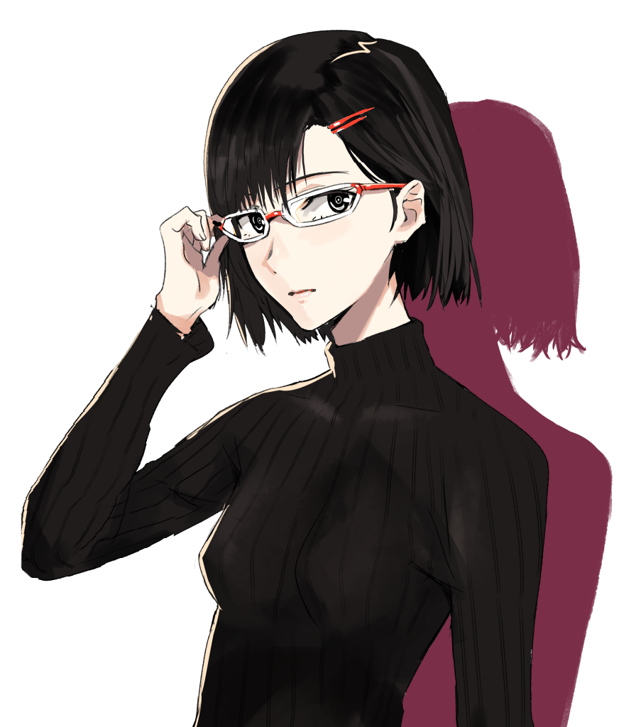 1girl adjusting_glasses black_eyes black_hair glasses hair_ornament hairclip ogros original shadow short_hair simple_background solo turtleneck upper_body