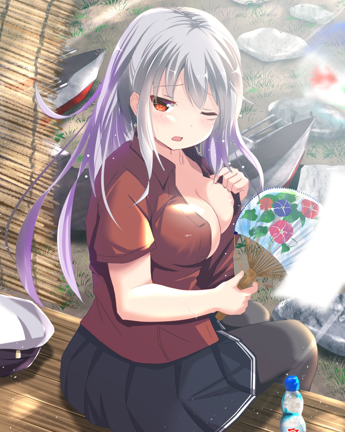 1girl black_legwear blurry blush breasts cleavage depth_of_field fan fanning_self gangut_(kantai_collection) grass hat headwear_removed highres kantai_collection kuroame_(kurinohana) large_breasts long_hair miniskirt one_eye_closed pantyhose peaked_cap pleated_skirt porch red_eyes russian silver_hair sitting skirt solo sweat