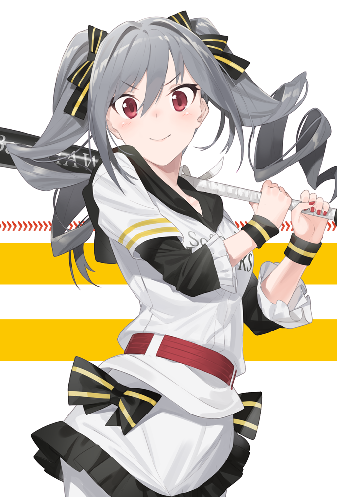 1girl baseball_bat baseball_uniform drill_hair grey_hair hayashi_kewi idolmaster idolmaster_cinderella_girls kanzaki_ranko long_hair red_eyes smile solo sportswear twin_drills wrist_cuffs