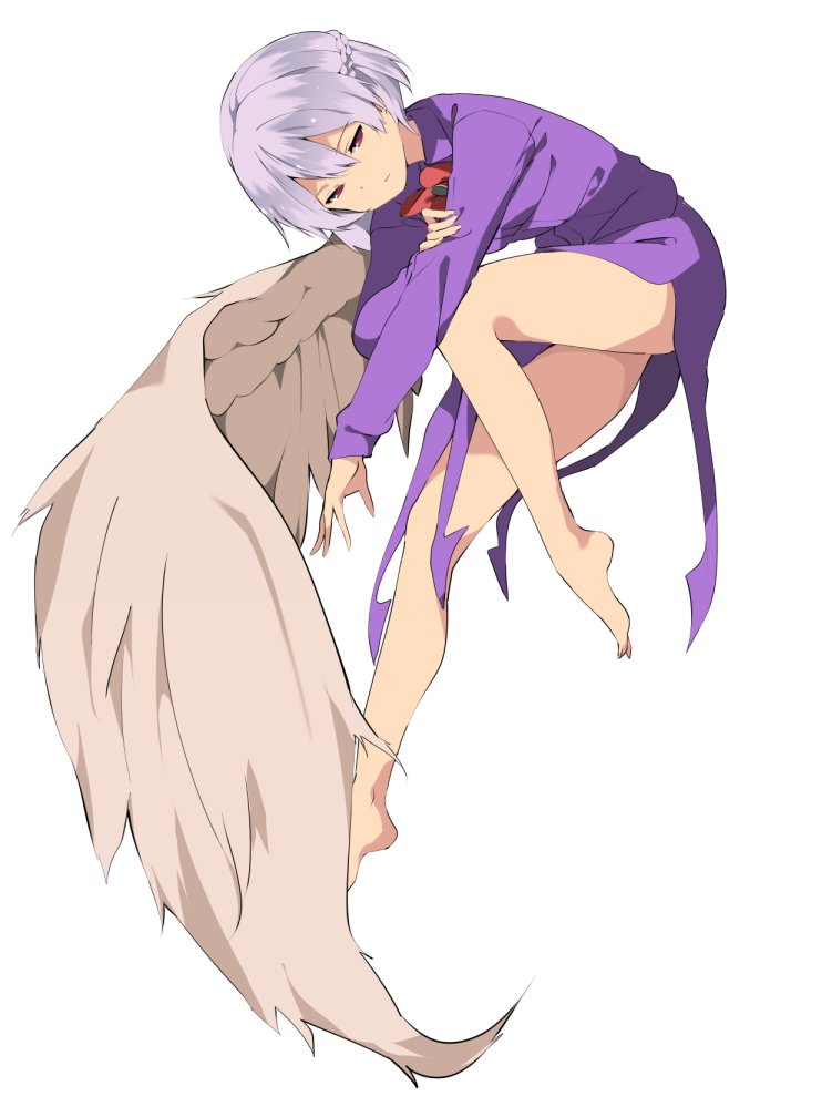 1girl barefoot bow bowtie closed_mouth dress feathered_wings full_body grey_wings hair_between_eyes half_updo hasebe_yuusaku kishin_sagume long_sleeves looking_at_viewer purple_dress red_bow red_bowtie red_eyes short_hair silver_hair single_wing solo touhou wings