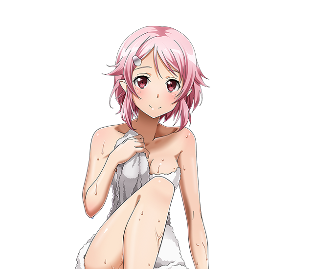 1girl breasts cleavage collarbone hair_ornament hairclip lisbeth_(sao-alo) looking_at_viewer medium_breasts naked_towel pink_hair pointy_ears red_eyes short_hair smile solo sword_art_online towel transparent_background wet white_towel