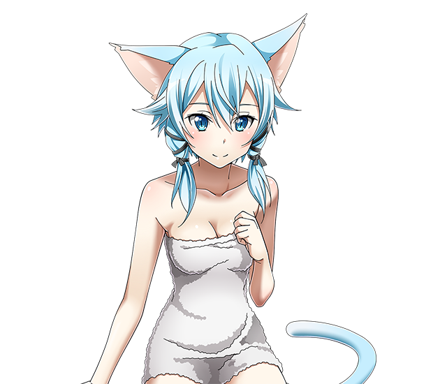 1girl animal_ears arm_support black_ribbon blue_eyes blue_hair blush bow breasts cat_ears cat_tail cleavage collarbone hair_bow hair_ribbon looking_at_viewer medium_breasts naked_towel ribbon shinon_(sao-alo) shiny shiny_skin short_hair_with_long_locks sidelocks sitting smile solo sword_art_online tail towel transparent_background white_towel