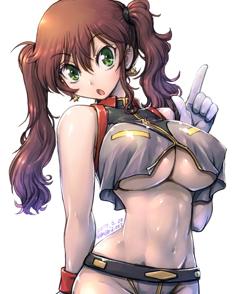 1girl adapted_costume amania_orz breasts brown_hair character_request green_eyes gundam large_breasts midriff mobile_suit_gundam navel tagme under_boob