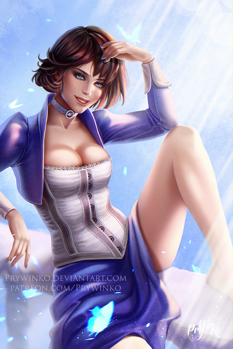 1girl bioshock bioshock_infinite blue_eyes breasts brown_hair choker cleavage corset elizabeth_(bioshock_infinite) head_tilt highres jacket large_breasts looking_at_viewer olga_narhova short_hair sitting sitting_on_railing skirt solo