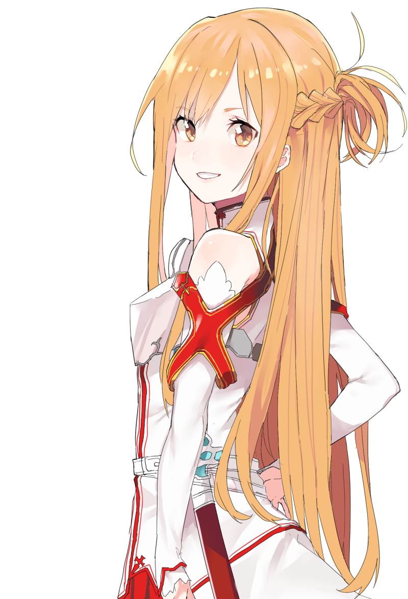1girl armor asuna_(sao) bangs blonde_hair breastplate eyebrows_visible_through_hair from_side grin half_updo hand_on_hip long_hair looking_at_viewer looking_back nesume parted_lips simple_background smile solo sword_art_online teeth upper_body white_background yellow_eyes