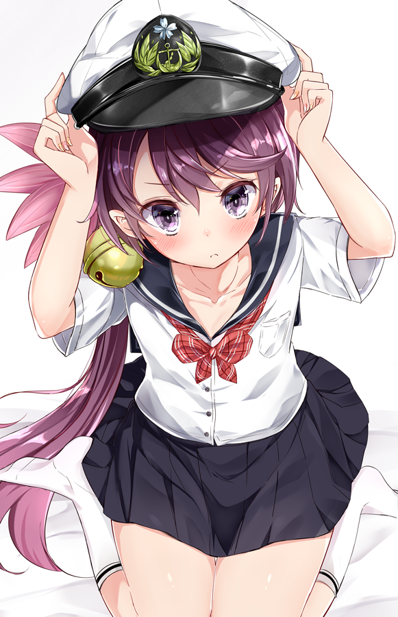 1girl akebono_(kantai_collection) bell blue_skirt blush flower hair_bell hair_flower hair_ornament hat kantai_collection kengorou_saemon_ii_sei long_hair looking_at_viewer military military_hat military_uniform naval_uniform peaked_cap pleated_skirt purple_hair school_uniform serafuku short_sleeves side_ponytail skirt solo uniform very_long_hair violet_eyes