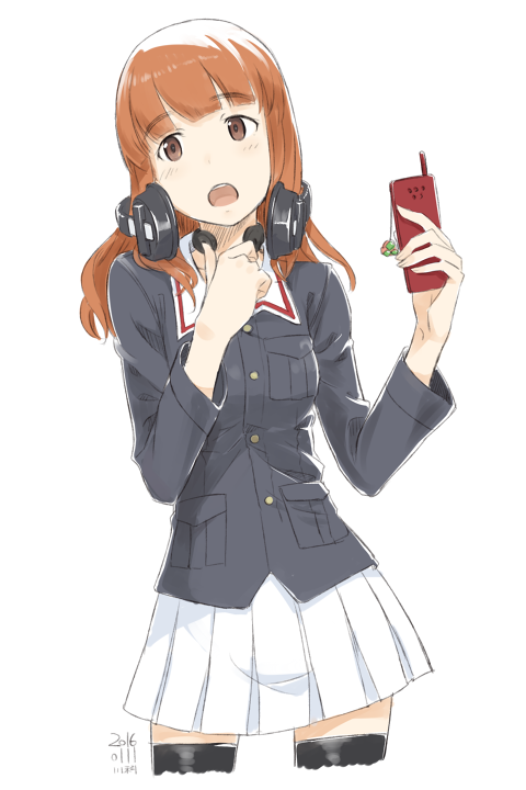 1girl artist_name bangs black_legwear breasts brown_eyes buttons cowboy_shot dated eyebrows_visible_through_hair girls_und_panzer headphones holding holding_phone kawashina_(momen_silicon) keychain long_hair long_sleeves looking_to_the_side medium_breasts ooarai_military_uniform open_mouth orange_hair phone pleated_skirt round_teeth shirt simple_background skirt solo takebe_saori talking teeth thigh-highs throat_microphone white_background zettai_ryouiki