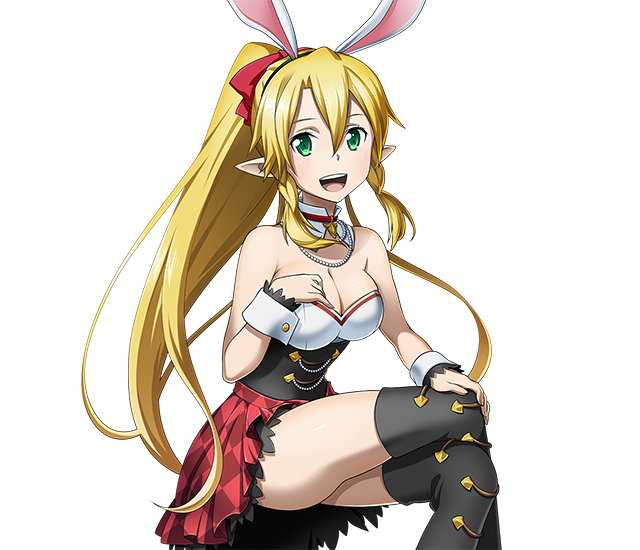 1girl :d animal_ears bare_shoulders black_legwear blonde_hair bow breasts choker cleavage collarbone fake_animal_ears green_eyes hair_between_eyes hair_bow hair_ribbon high_ponytail invisible_chair large_breasts leafa legs_crossed long_hair looking_at_viewer miniskirt open_mouth pleated_skirt pointy_ears ponytail rabbit_ears red_bow red_skirt sitting skirt smile solo strapless sword_art_online thigh-highs transparent_background very_long_hair wrist_cuffs