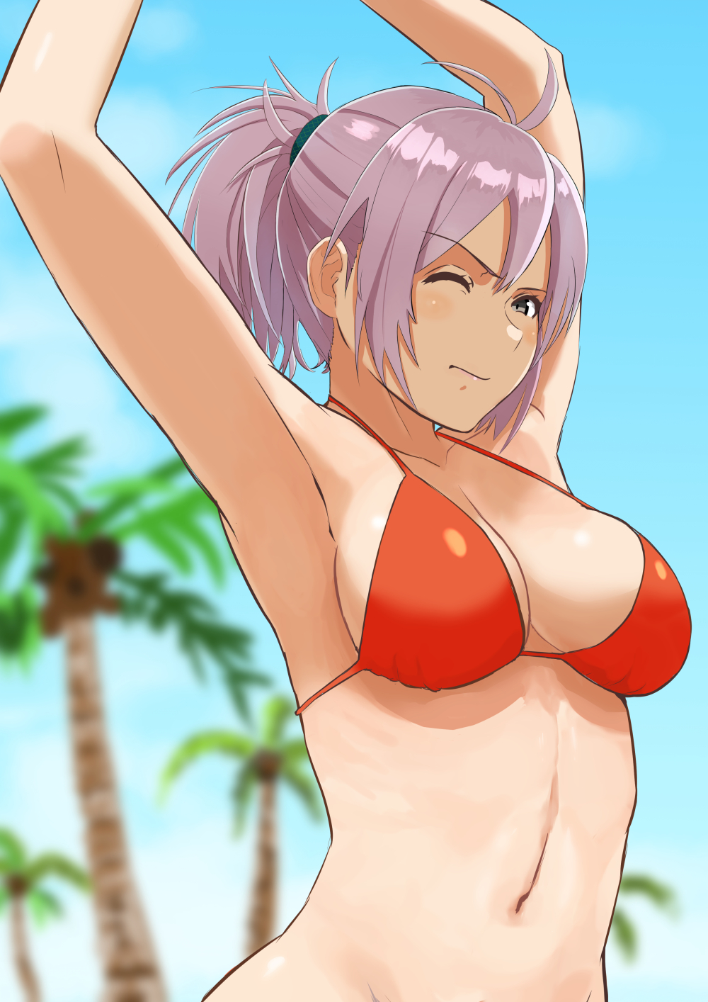 1girl antenna_hair aoba_(kantai_collection) armpits arms_up blush breasts brown_eyes day highres ichinose_rokujo kantai_collection looking_at_viewer navel one_eye_closed outdoors palm_tree ponytail purple_hair red_bikini_top solo swimsuit tree