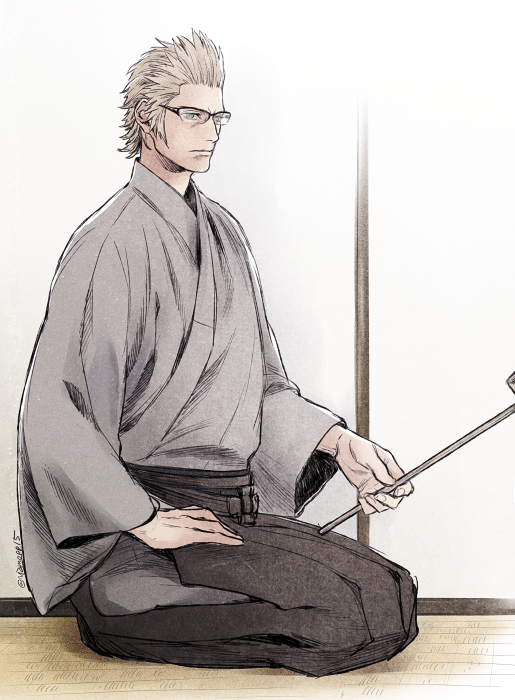 1boy blue_eyes brown_hair final_fantasy final_fantasy_xv glasses ignis_scientia japanese_clothes kimono male_focus seiza sitting solo yamossa yukata