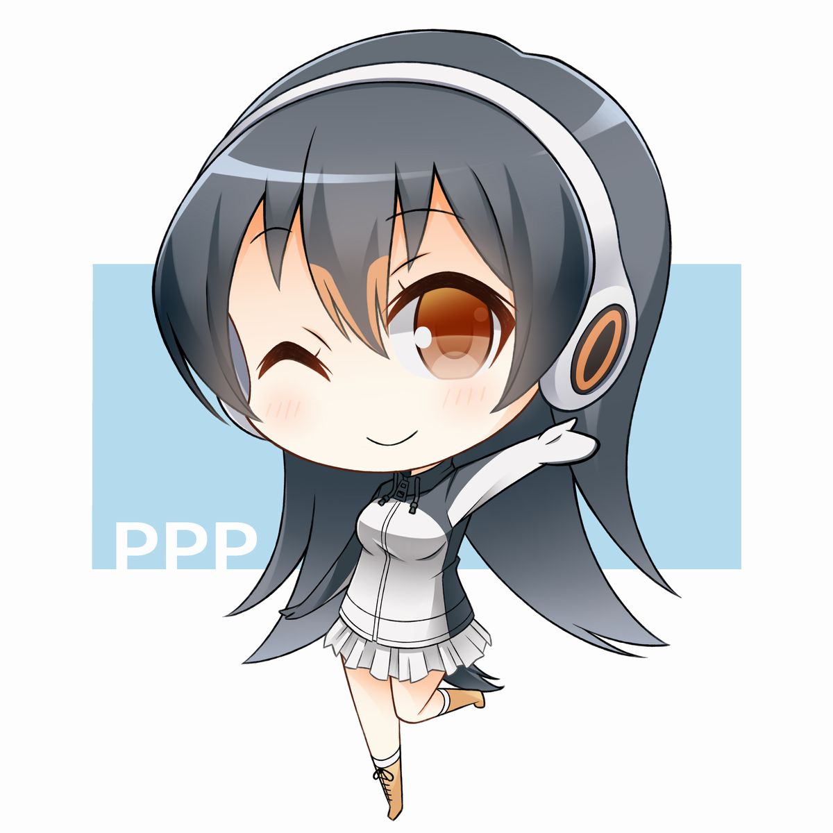 1girl ;) black_hair brown_eyes chibi commentary_request gentoo_penguin_(kemono_friends) headphones highres jacket kemono_friends long_hair looking_at_viewer one_eye_closed penguins_performance_project_(kemono_friends) pleated_skirt skirt smile soba_(sobaya1938) solo tail