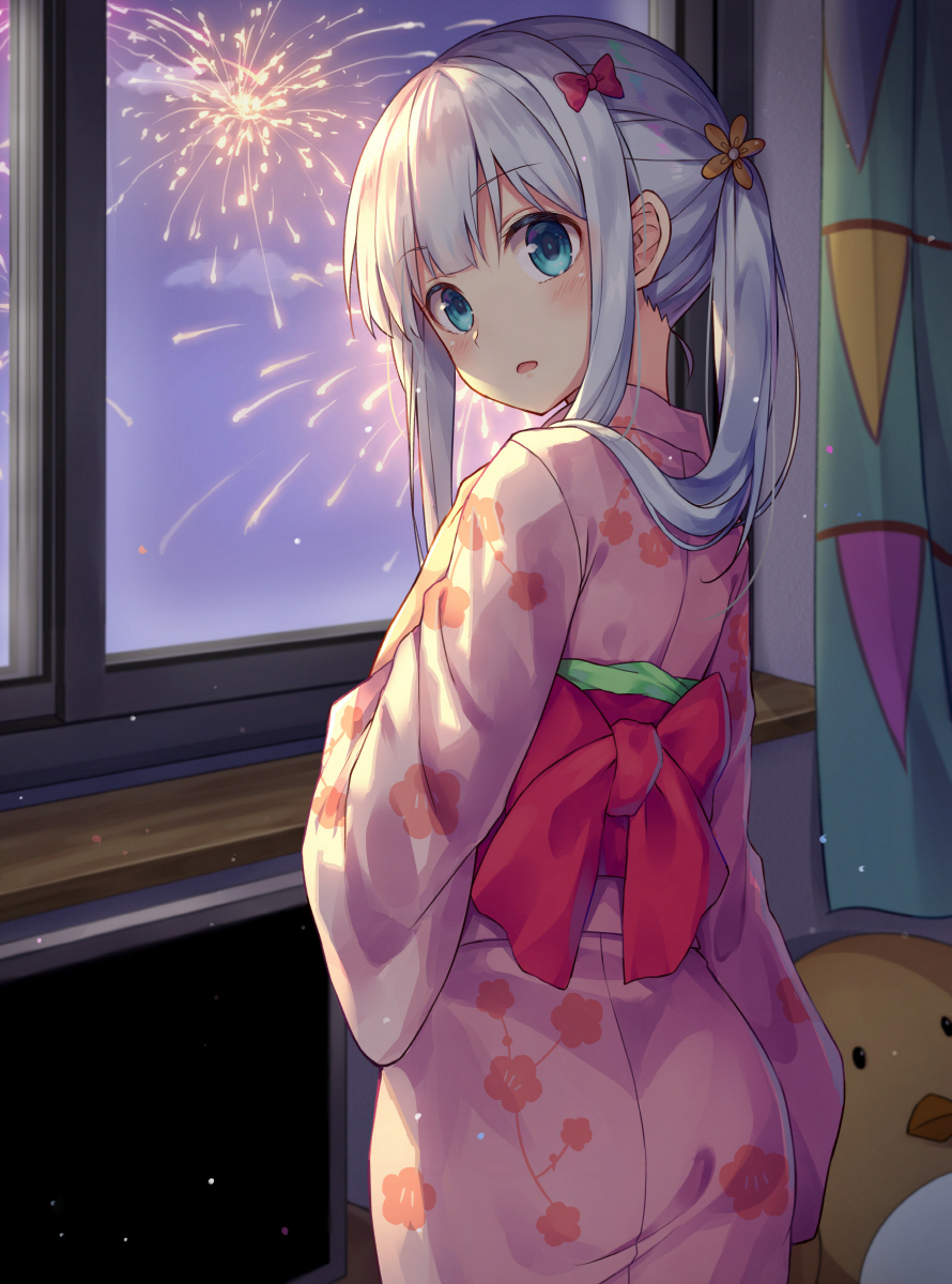 blue_eyes blue_hair blush eromanga_sensei izumi_sagiri kimono long_hair ponytail