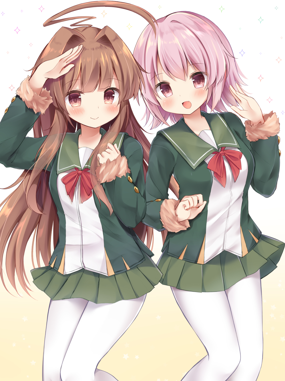 2girls :d ahoge brown_eyes brown_hair buttons cosplay eyebrows_visible_through_hair fur_trim gradient gradient_background green_jacket green_skirt highres jacket kantai_collection kuma_(kantai_collection) kunashiri_(kantai_collection) kunashiri_(kantai_collection)_(cosplay) long_hair long_sleeves masayo_(gin_no_ame) multiple_girls open_mouth pantyhose pink_hair pleated_skirt red_eyes red_ribbon revision ribbon shimushu_(kantai_collection) shimushu_(kantai_collection)_(cosplay) short_hair skirt smile tama_(kantai_collection) white_legwear