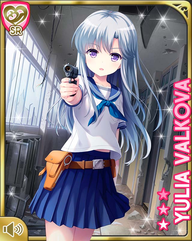 1girl belt card_(medium) character_name girlfriend_(kari) gun hallway holster long_hair official_art outstretched_arm qp:flapper ruins school_uniform serafuku shirt silver_hair skirt solo violet_eyes weapon yulia_valkova