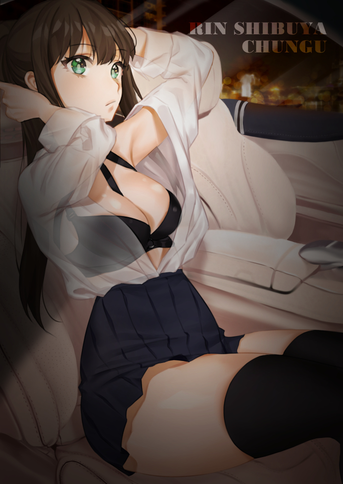 1girl alternate_hairstyle armpit_peek arms_up between_breasts black_bra black_legwear blurry bokeh bra breasts brown_hair car_interior chungu cleavage closed_mouth depth_of_field eyebrows_visible_through_hair green_eyes half_updo high-waist_skirt idolmaster idolmaster_cinderella_girls long_hair looking_away medium_breasts night off_shoulder pleated_skirt see-through shibuya_rin sitting skirt solo thigh-highs underwear