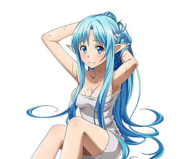 1girl armpits arms_up asuna_(sao) bad_anatomy blue_eyes blue_hair blush breasts cleavage collarbone hands_in_hair long_hair looking_at_viewer medium_breasts naked_towel pointy_ears shiny shiny_skin sitting smile solo sword_art_online towel transparent_background very_long_hair wet white_towel