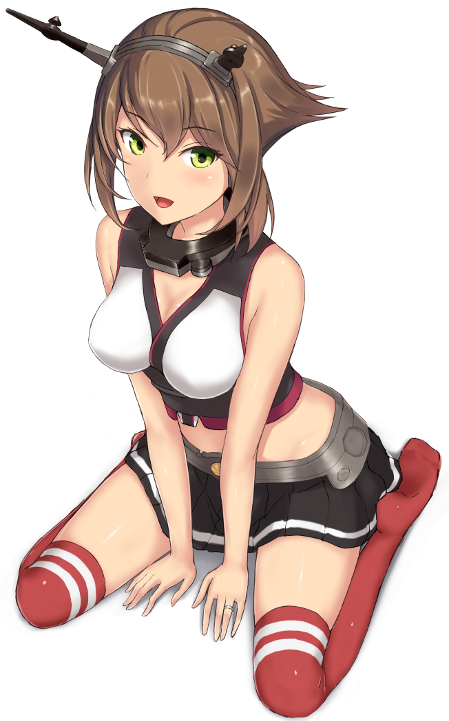 1girl bangs between_legs black_skirt blush breasts brown_hair cleavage eyebrows_visible_through_hair flipped_hair full_body green_eyes hand_between_legs headgear jewelry kantai_collection kneehighs looking_at_viewer medium_breasts metal_belt monoku mutsu_(kantai_collection) navel open_mouth pleated_skirt red_legwear ring shadow shiny shiny_hair shoes_removed short_hair simple_background sitting skindentation skirt solo striped striped_skirt wariza wedding_band white_background