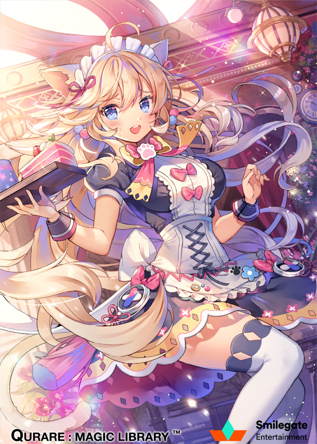 1girl animal_ears blonde_hair blue_eyes blush bow breasts cake cat_ears company_name copyright_name eyebrows_visible_through_hair food holding holding_tray large_breasts long_hair looking_at_viewer maid maid_headdress official_art open_mouth pink_bow qurare_magic_library smile solo teeth thigh-highs tray white_legwear yeonwa