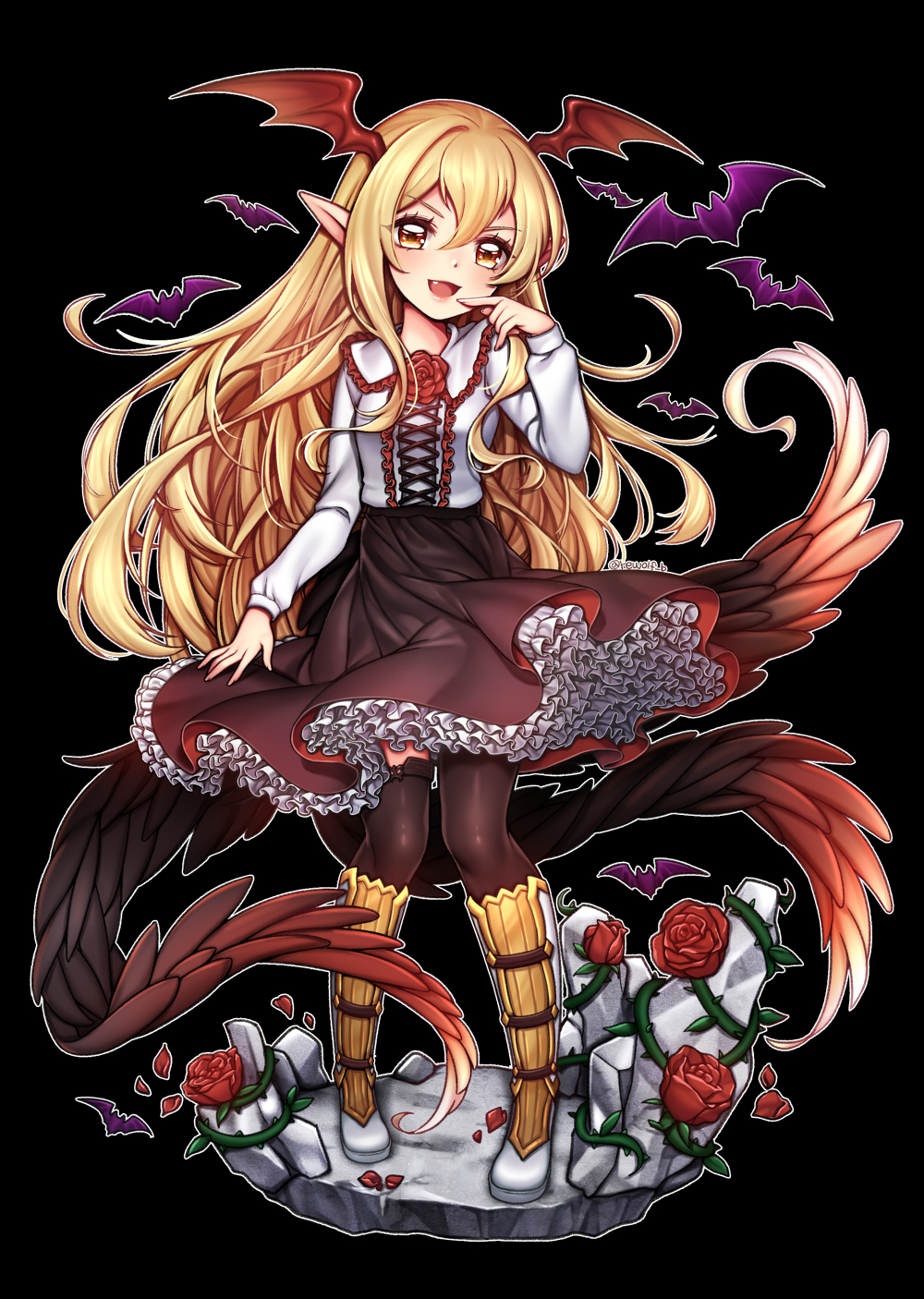 1girl animal bat black_legwear blonde_hair blush eyebrows_visible_through_hair fang finger_to_face head_wings highres long_hair looking_at_viewer open_mouth pointy_ears rewolf shingeki_no_bahamut smile solo thigh-highs vampy yellow_eyes