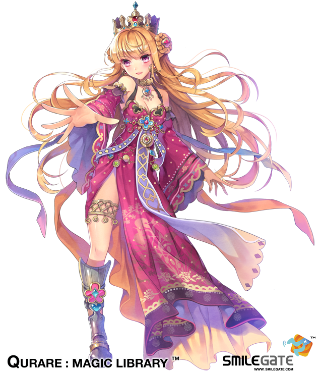 1girl armor bare_shoulders blonde_hair blush breasts cleavage collarbone company_name copyright_name crown eyebrows_visible_through_hair large_breasts looking_at_viewer official_art parted_lips pink_eyes qurare_magic_library smile solo yeonwa