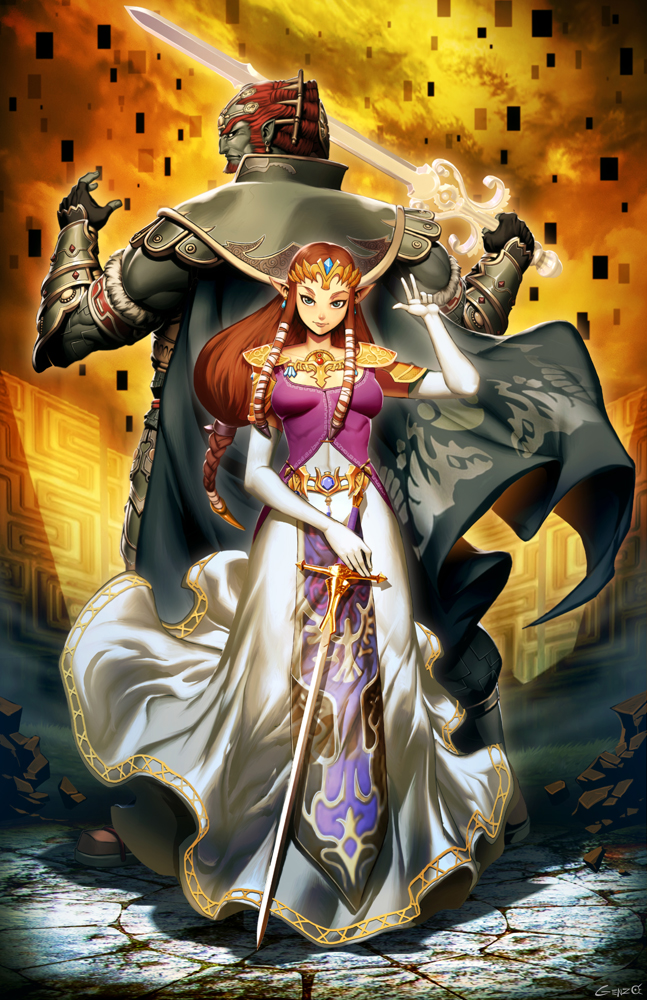 arm_guards arm_up armlet back-to-back blue_eyes braid brown_hair cape closed_mouth commentary dress earrings fingerless_gloves fur_trim ganondorf genzoman gloves gown green_skin hair_ornament holding holding_sword holding_weapon jewelry long_dress long_hair looking_at_viewer looking_back muscle necklace nintendo pointy_ears princess_zelda redhead shoulder_armor sidelocks single_braid skirt standing sword the_legend_of_zelda the_legend_of_zelda:_twilight_princess tiara triforce weapon white_skirt