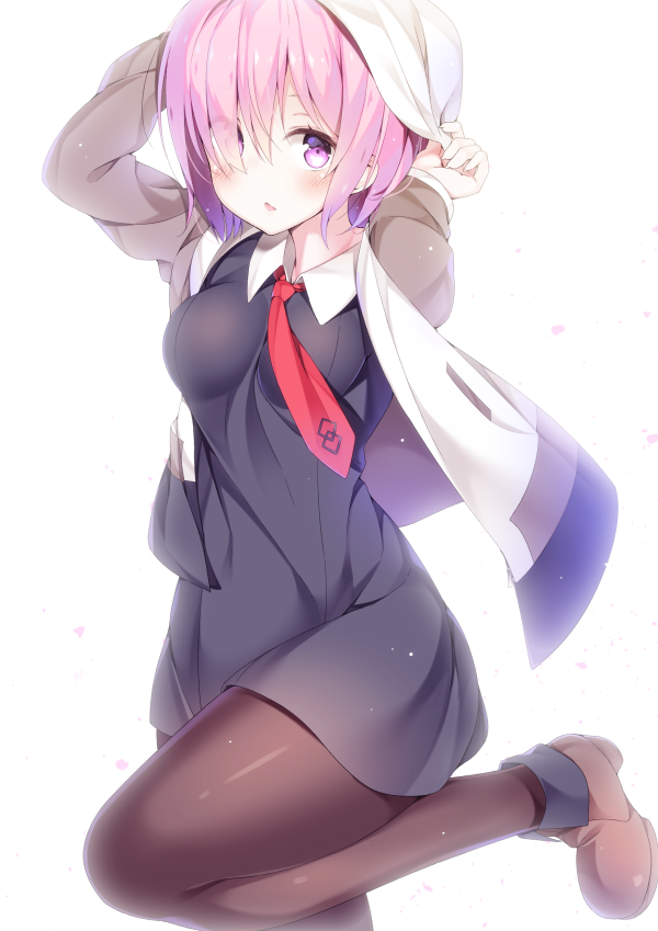 1girl adjusting_clothes adjusting_hat black_dress boots breasts brown_legwear dress eyes_visible_through_hair fate/grand_order fate_(series) hair_over_one_eye hat kaname_024 looking_at_viewer medium_breasts necktie pantyhose petals purple_hair red_necktie shielder_(fate/grand_order) shoes short_dress short_hair solo standing standing_on_one_leg violet_eyes