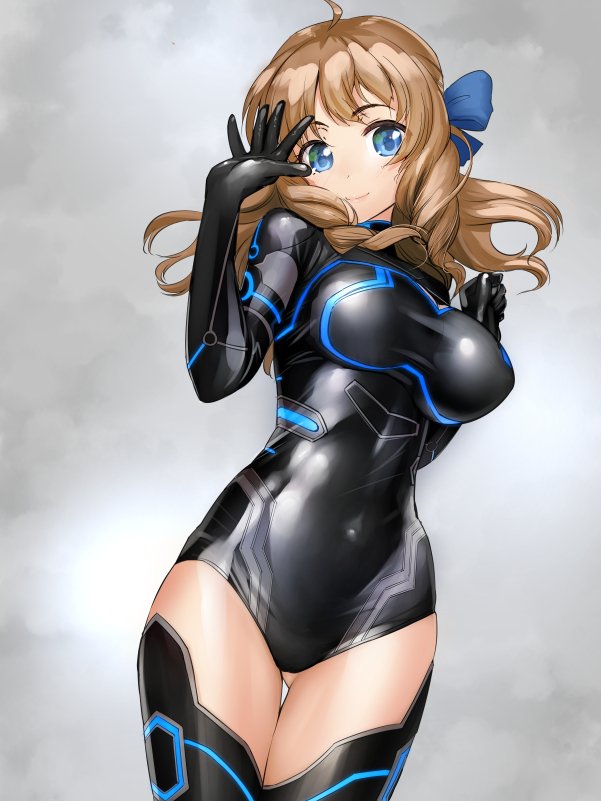 1girl arm_at_side black_leotard blue_eyes bow breasts brown_hair commentary_request covered_navel cowboy_shot drill_hair erect_nipples gluteal_fold hair_bow hair_ribbon leotard light_brown_hair light_smile lips long_hair looking_at_viewer medium_breasts sasayuki shiny shiny_clothes shiny_skin smile solo thigh-highs thighs