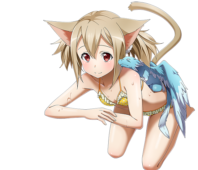 1girl animal animal_ears animal_on_back bikini blush breasts brown_hair cat_ears cat_tail cleavage frilled_bikini frills hair_between_eyes long_hair pina_(sao) red_eyes shiny shiny_skin short_twintails silica_(sao-alo) small_breasts smile solo swimsuit sword_art_online tail transparent_background twintails wet yellow_bikini