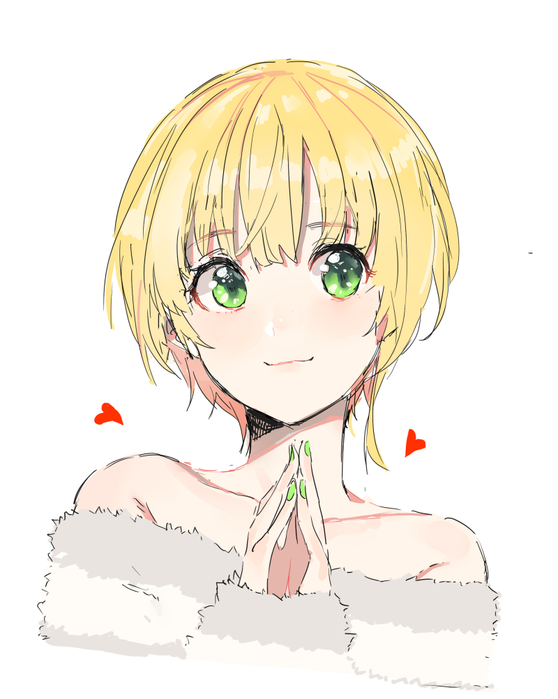1girl bangs blonde_hair closed_mouth eyebrows_visible_through_hair green_eyes green_nails heart idolmaster idolmaster_cinderella_girls looking_at_viewer miyamoto_frederica nail_polish nesume off_shoulder own_hands_together short_hair simple_background sketch smile solo white_background