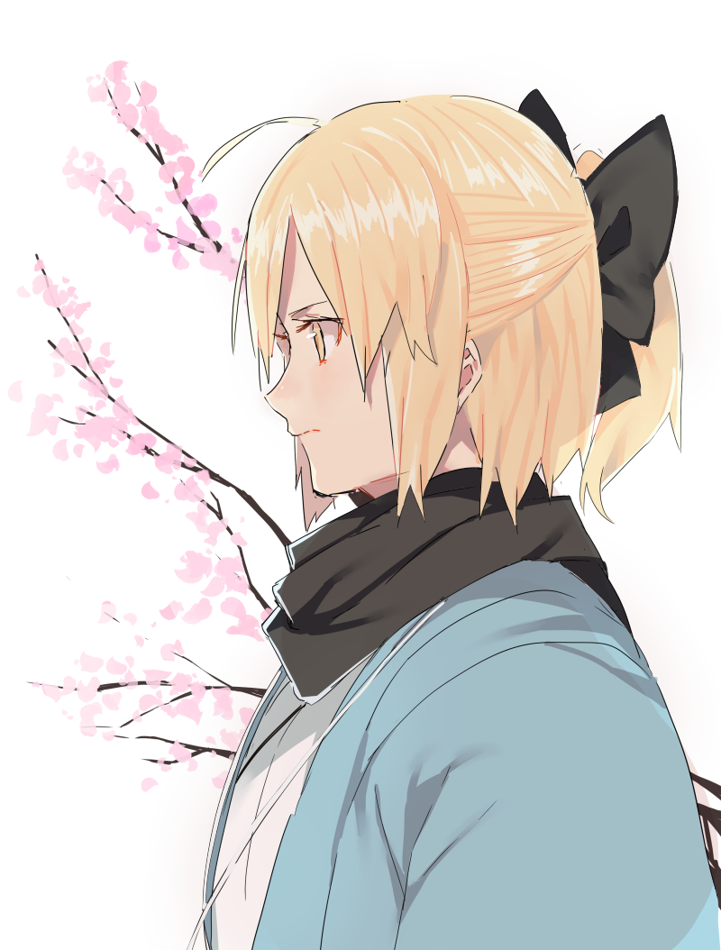 1girl ahoge bangs black_bow black_scarf bow cherry_blossoms closed_mouth fate_(series) from_side half_updo haori japanese_clothes kimono koha-ace nesume ponytail profile sakura_saber scarf short_hair sidelocks simple_background sketch solo white_background white_kimono yellow_eyes