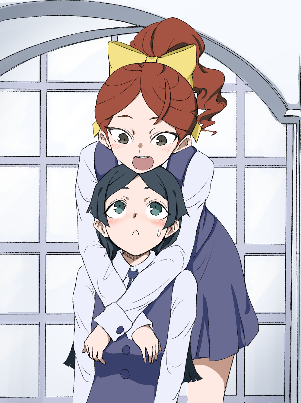 2girls :&lt; :d bangs barbara_(little_witch_academia) black_eyes blue_eyes blue_hair blush bow hair_bow hanna_(little_witch_academia) highres hug hug_from_behind indoors little_witch_academia long_hair long_sleeves looking_at_another multiple_girls open_mouth orinpachu parted_bangs ponytail redhead school_uniform skirt smile sweatdrop window yellow_bow yuri