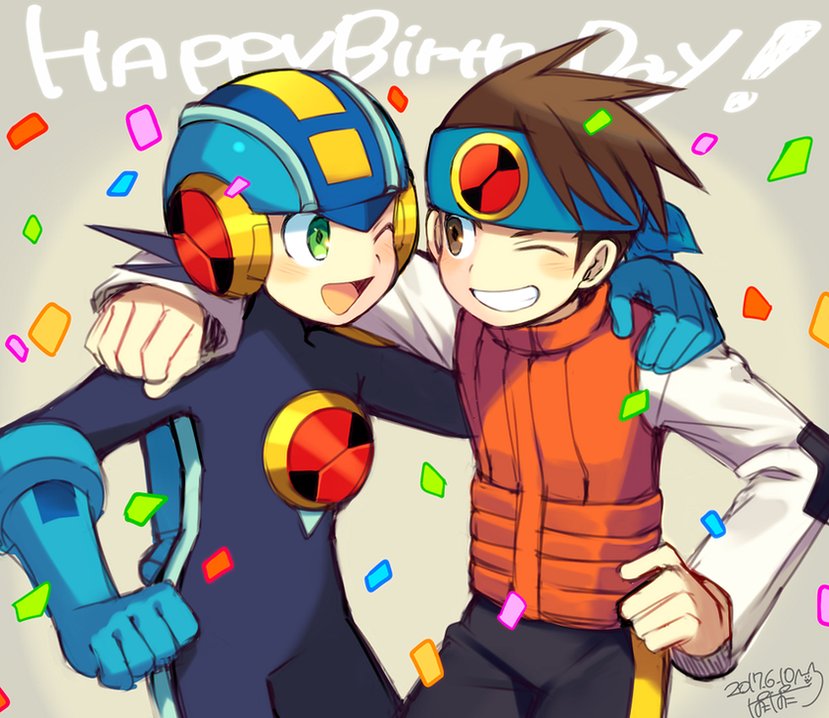 2boys arm_around_neck black_hair blush brown_hair commentary_request confetti dated green_eyes hand_on_another's_shoulder happy_birthday headband hikari_netto iroyopon multiple_boys one_eye_closed open_mouth rockman rockman_exe rockman_exe_(character) short_hair signature smile teeth