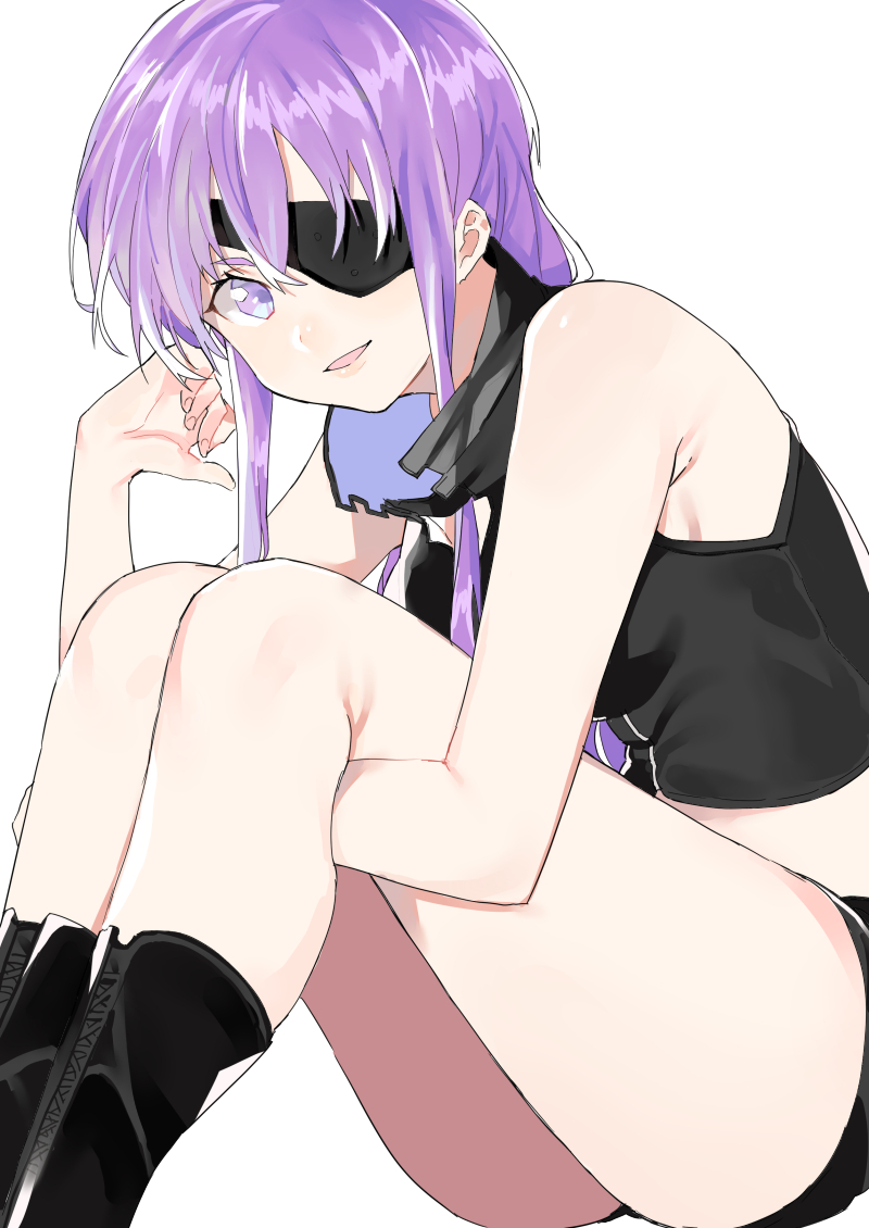 1girl bangs black_boots boots eyepatch leg_hug legs_together long_hair looking_at_viewer mirai_nikki nesume parted_lips purple_hair simple_background sitting solo thighs uryuu_minene violet_eyes white_background